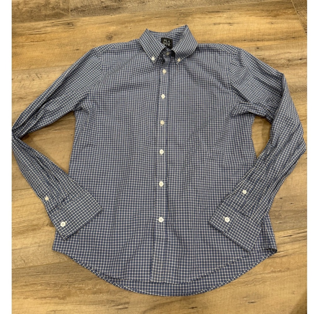 Jos A Bank Traveler Travel Tech Slim Fit Gingham Shirt Mens Medium Blue White